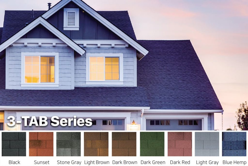 Blue roof shingles from 3 TAB series installed on a house